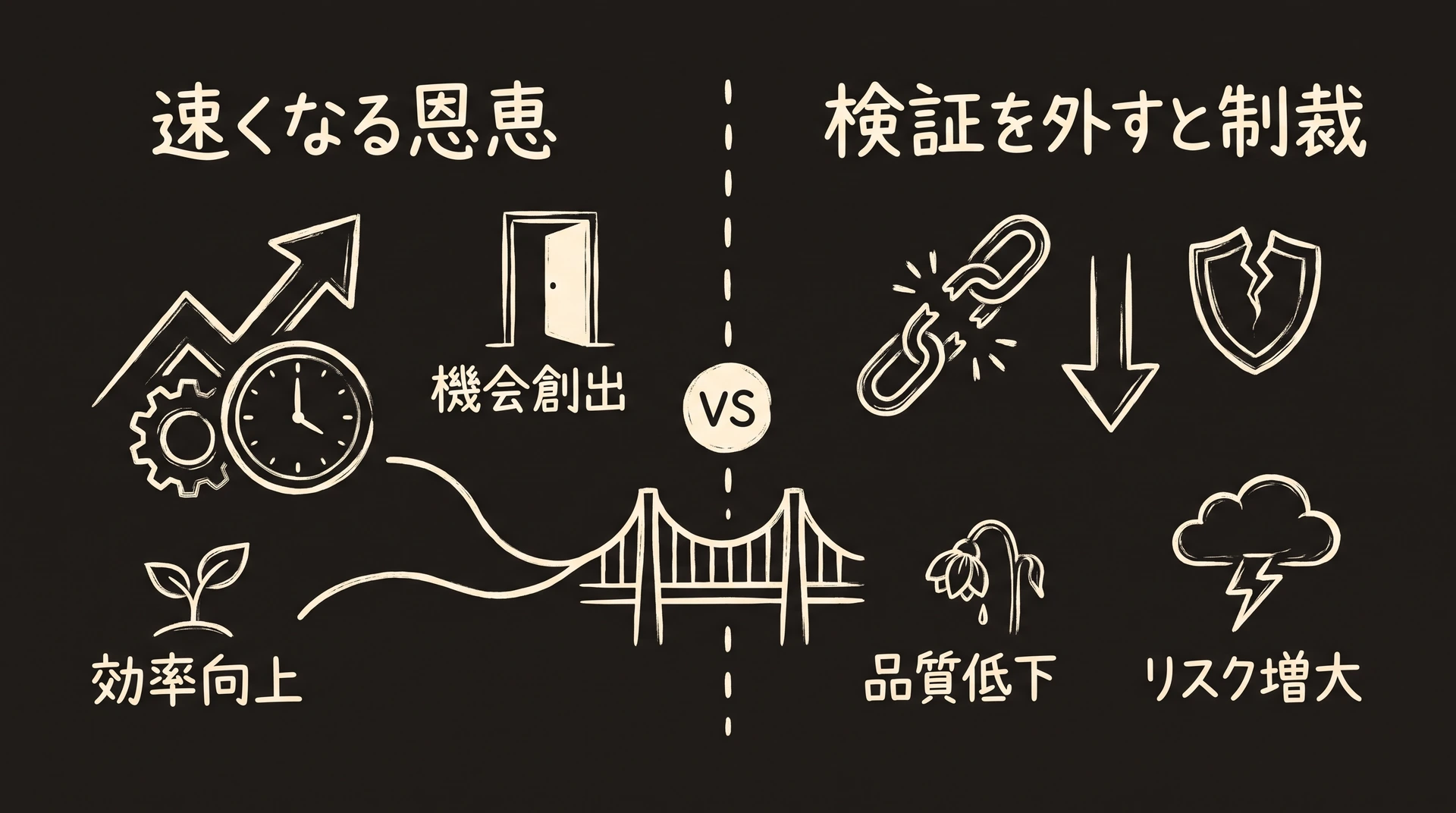 AIで業務が速くなる恩恵と検証を怠ると制裁を受けるリスクの両面を描いたグラフィックレコーディング