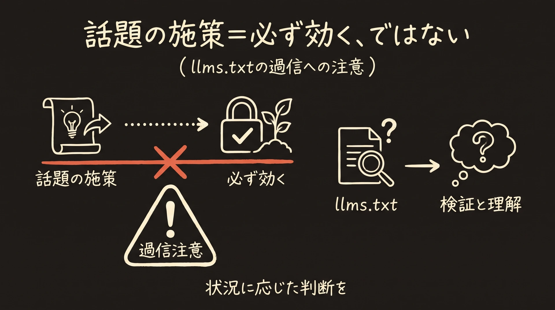 流行りのAI検索施策を鵜呑みにせず検証する姿勢を描いたグラフィックレコーディング